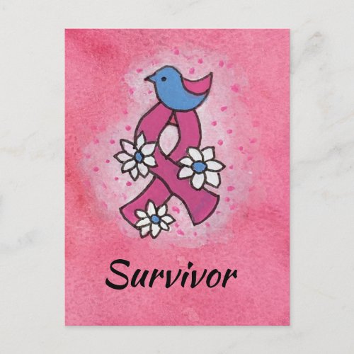 Survivor Breast Cancer Pink Ribbon Bird Flowers Postcard