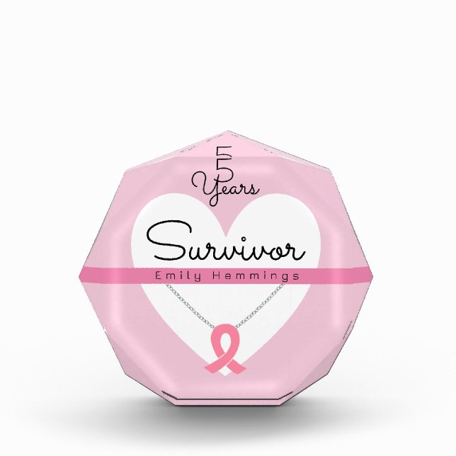 Survivor Breast Cancer White Heart on Pink, custom Acrylic Award (Front)
