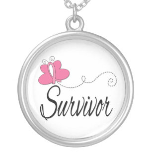 Survivor Butterfly Ribbon Breast Cancer Survivor Silver Plated Necklace