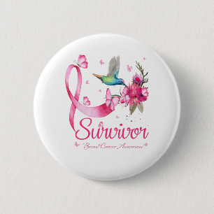 Survivor Hummingbird Ribbon Breast Cancer Button