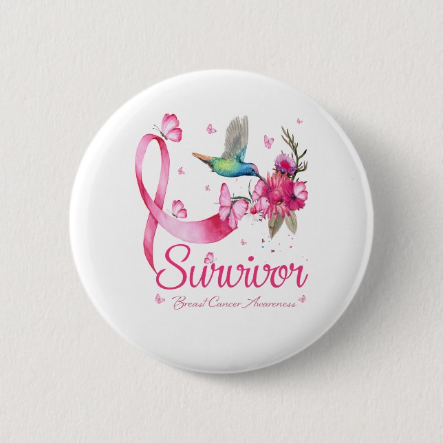 Survivor Hummingbird Ribbon Breast Cancer Button (Front)
