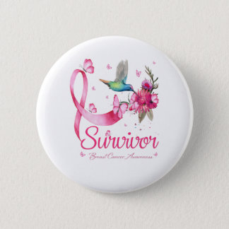 Survivor Hummingbird Ribbon Breast Cancer Button
