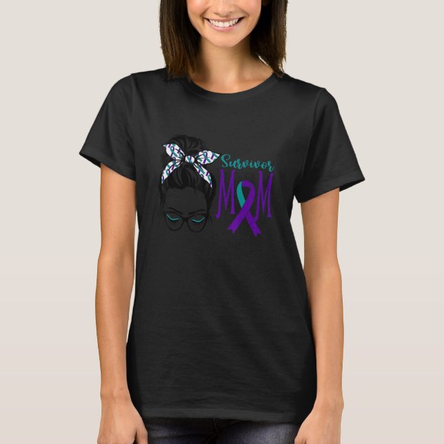 Survivor Mom Suicide Awareness Messy Bun Teal and  T-Shirt (Front)