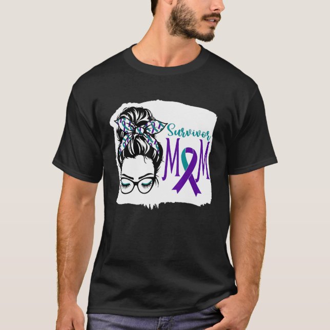 Survivor Mom Suicide Awareness Messy Bun Teal and  T-Shirt (Front)