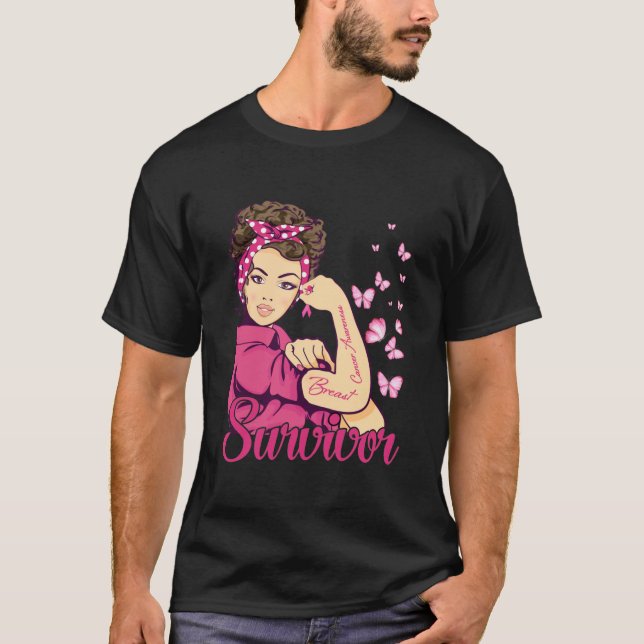 Survivor Rosie Riveter Breast Cancer Awareness T-Shirt (Front)