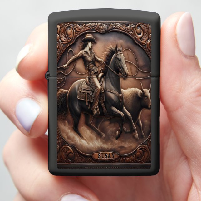 Susan Cowgirl Riding Horse In Leather Artwork Zippo Lighter (In Hand)