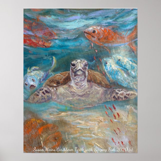 Susan Mains Turtle with Singing Fish Caribbean Poster (Front)