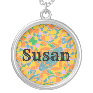 Susan with western font and abstract art backgroun silver plated necklace