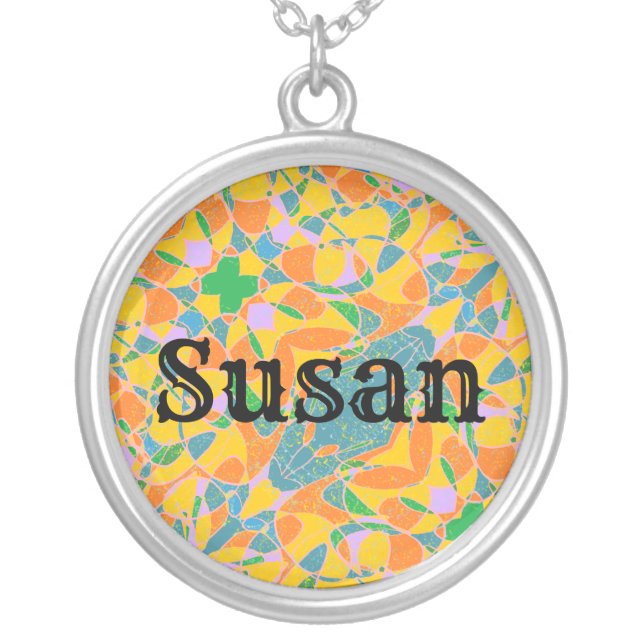 Susan with western font and abstract art backgroun silver plated necklace (Front)