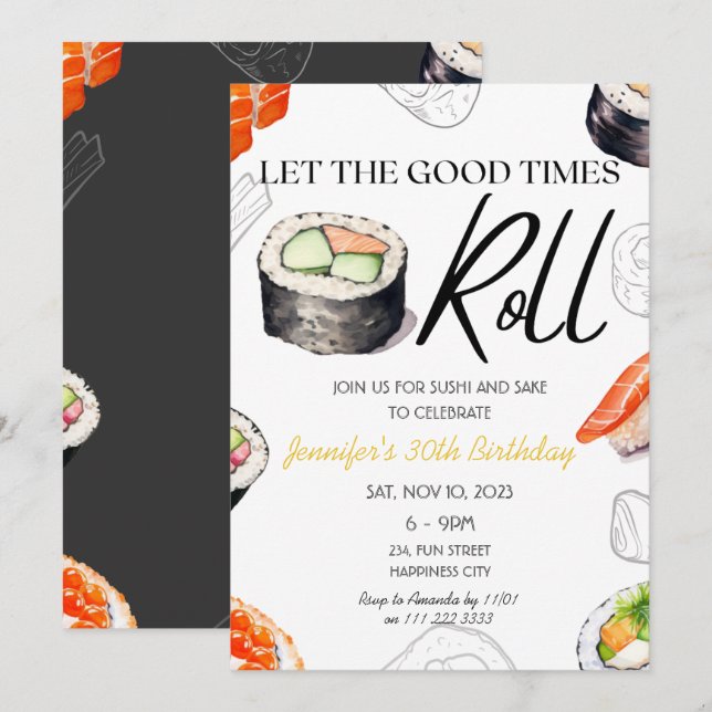 Sushi Adult Birthday Dinner the Good Times Roll Invitation (Front/Back)
