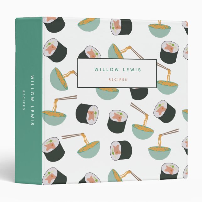 Sushi and Noodles Pattern Recipe Cookbook 3 Ring Binder (Front/Spine)