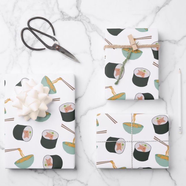 Sushi and Noodles Pattern Wrapping Paper Sheets (Front)