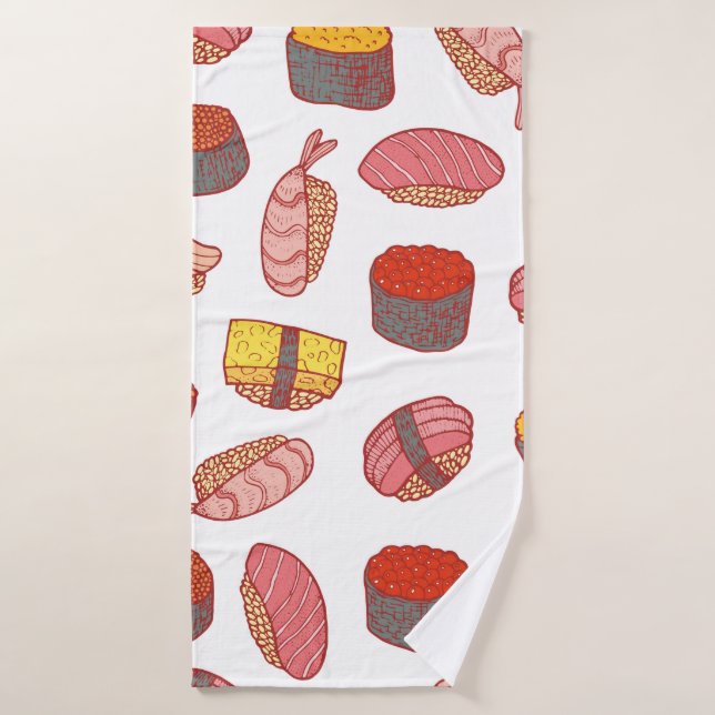 Sushi and rolls seamless pattern. Doodle cartoon c Bath Towel (Bath Towel)