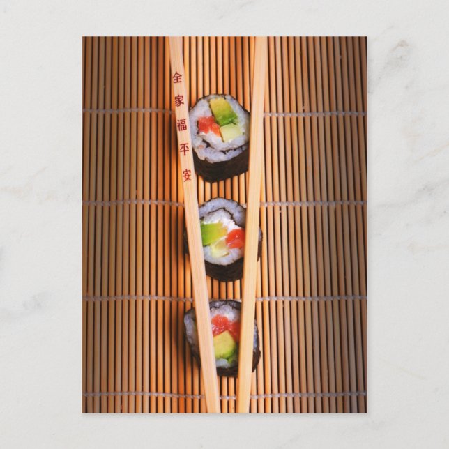 Sushi and wooden chopsticks postcard (Front)