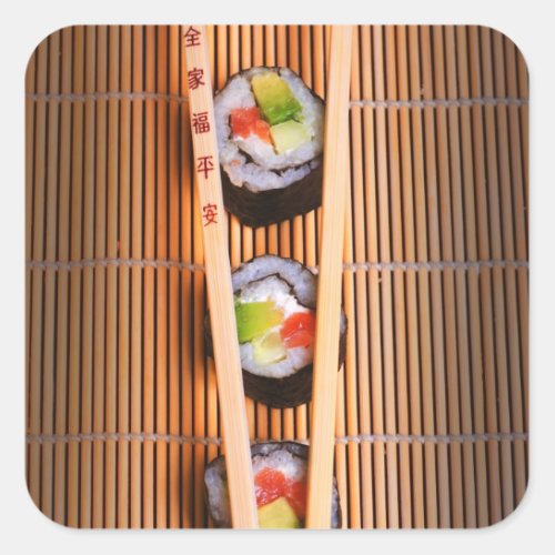 Sushi and wooden chopsticks square sticker