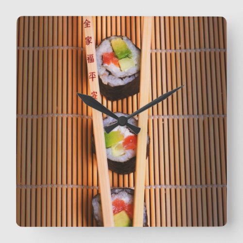 Sushi and wooden chopsticks square wall clock