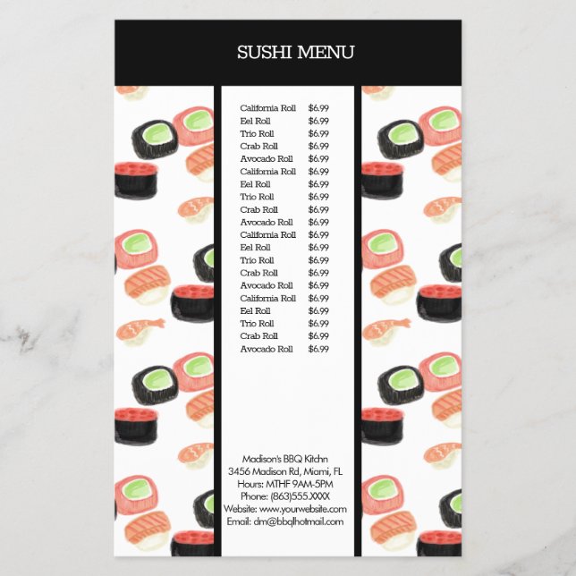 Sushi Asian Restaurant Watercolor Pattern Menu Flyer (Front)