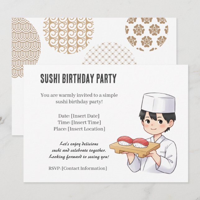 Sushi Birthday Party Invitation with Cute Anime  (Front/Back)