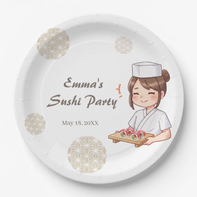 Sushi Birthday Party Invitation with Cute Anime  Paper Plates (Front)