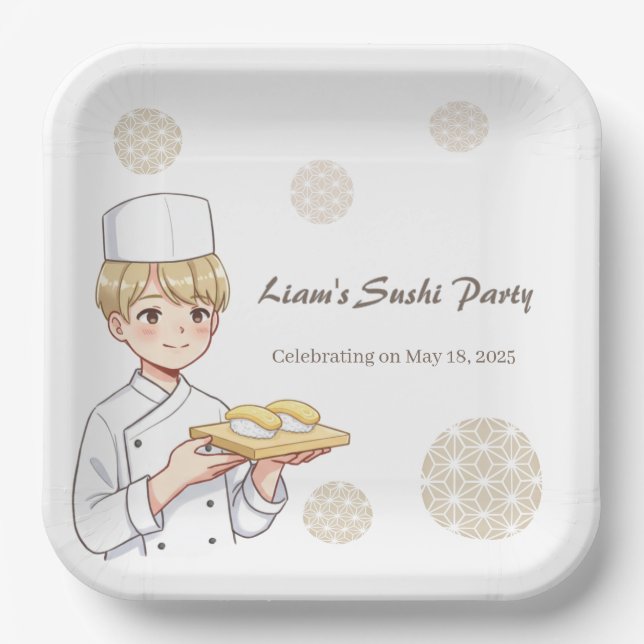 Sushi Birthday Party Invitation with Cute Anime  Paper Plates (Front)