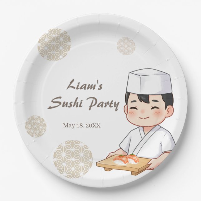 Sushi Birthday Party Invitation with Cute Anime  Paper Plates (Front)