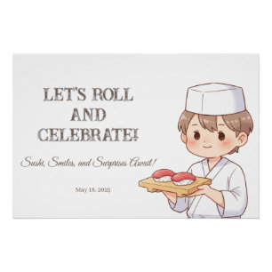 Sushi Birthday Party Invitation with Cute Anime Poster