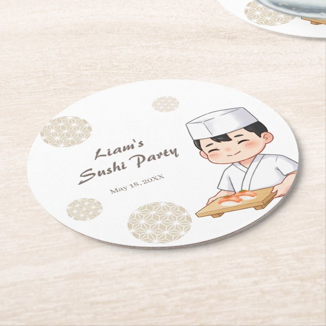 Sushi Birthday Party Invitation with Cute Anime  Round Paper Coaster (Angled)