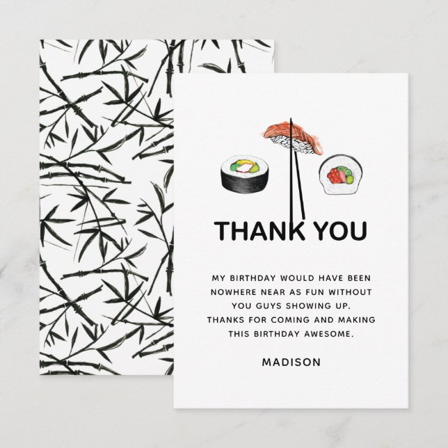 Sushi Birthday Party Modern Personalized Thank You Card (Front/Back)