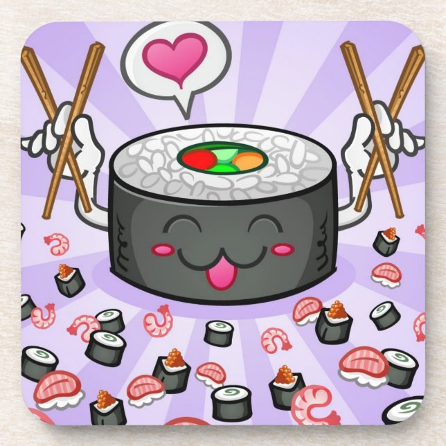 Sushi Cartoon Character Eating Lots of Shrimp Coaster (Front)