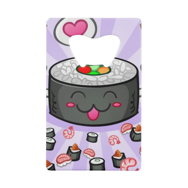 Sushi Cartoon Character Eating Lots of Shrimp Credit Card Bottle Opener (Front)