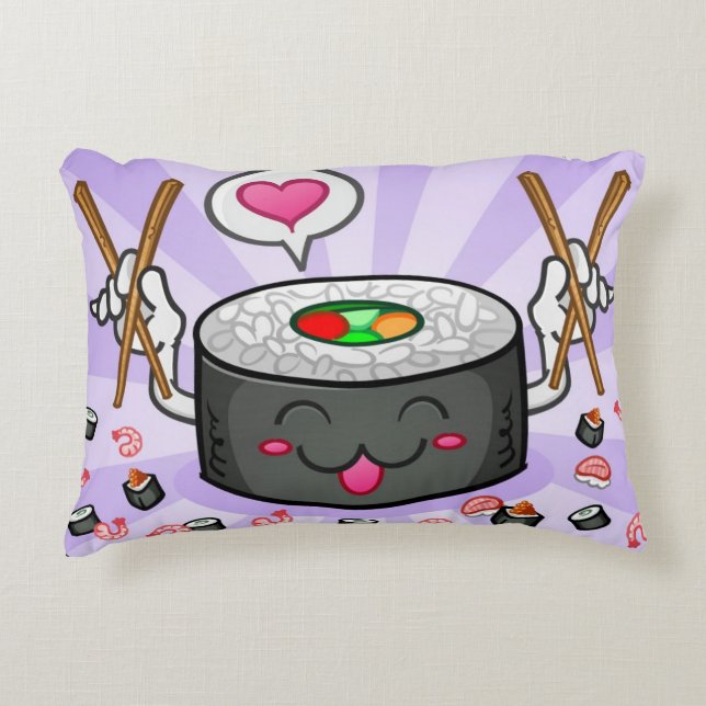 Sushi Cartoon Character Eating Lots of Shrimp Decorative Pillow (Front)