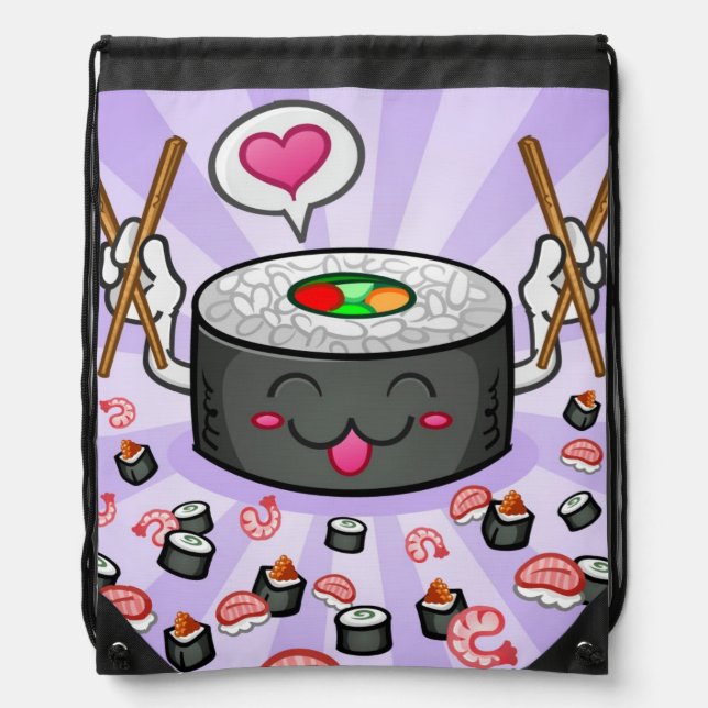 Sushi Cartoon Character Eating Lots of Shrimp Drawstring Bag (Front)