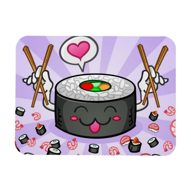 Sushi Cartoon Character Eating Lots of Shrimp Magnet (Horizontal)