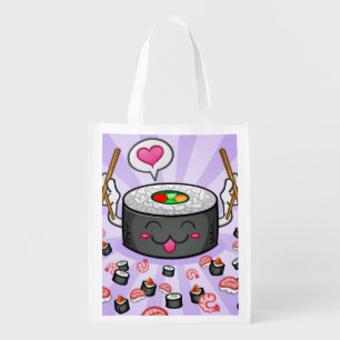 Sushi Cartoon Character Eating Lots of Shrimp Reusable Grocery Bag