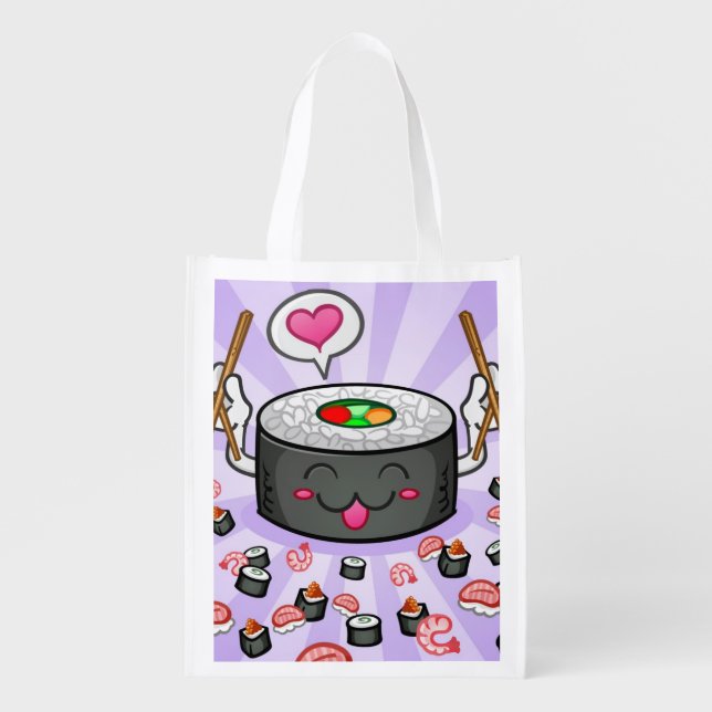 Sushi Cartoon Character Eating Lots of Shrimp Reusable Grocery Bag (Front)