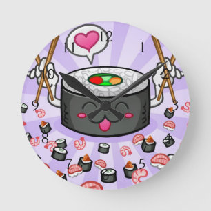 Sushi Cartoon Character Eating Lots of Shrimp Round Clock