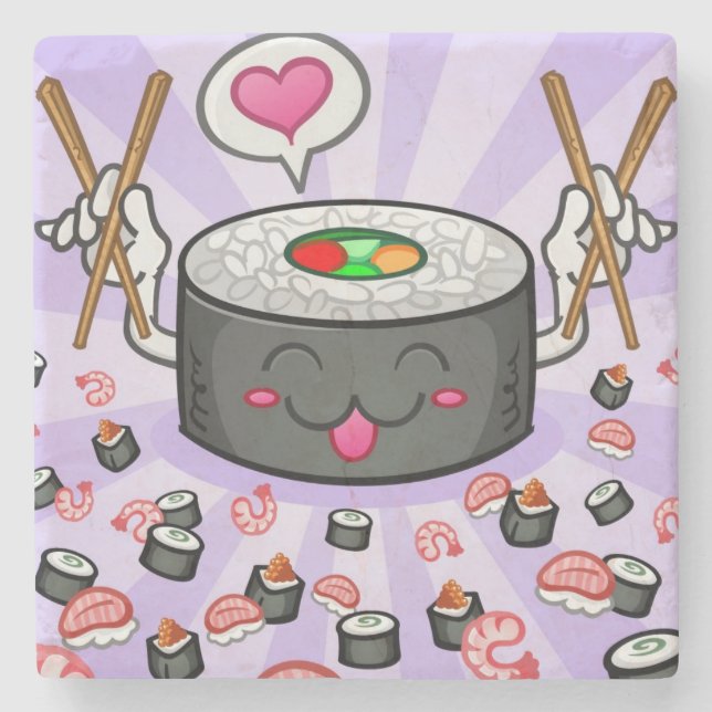 Sushi Cartoon Character Eating Lots of Shrimp Stone Coaster (Front)