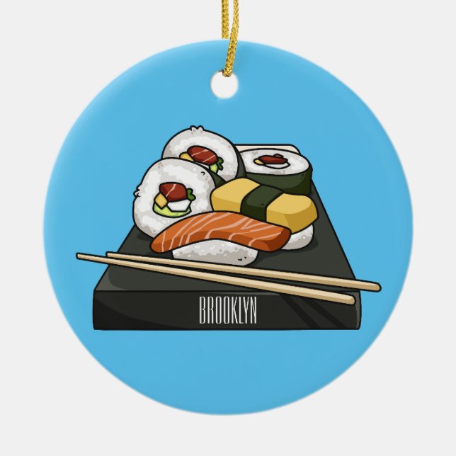 Sushi cartoon illustration  ceramic ornament (Front)