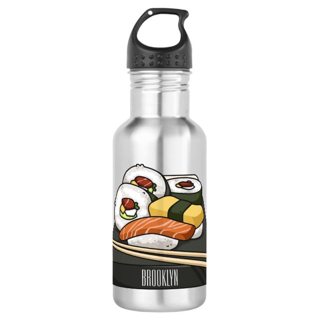 Sushi cartoon illustration  stainless steel water bottle (Front)