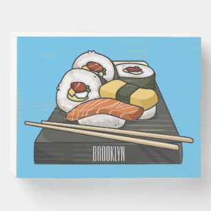 Sushi cartoon illustration wooden box sign