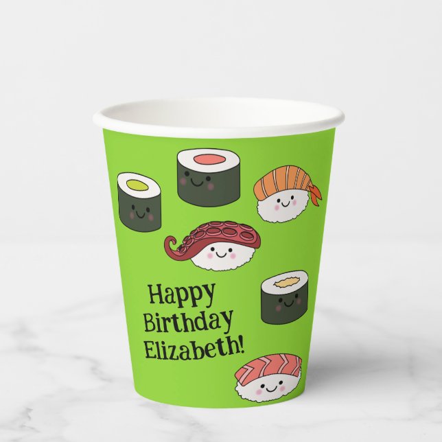 Sushi Cartoon Kawaii Cute Kids Birthday Party Paper Cups (Front)