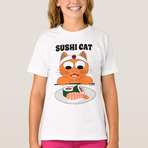 SUSHI CAT Cartoon Cat Eats Sushi Funny T_Shirt