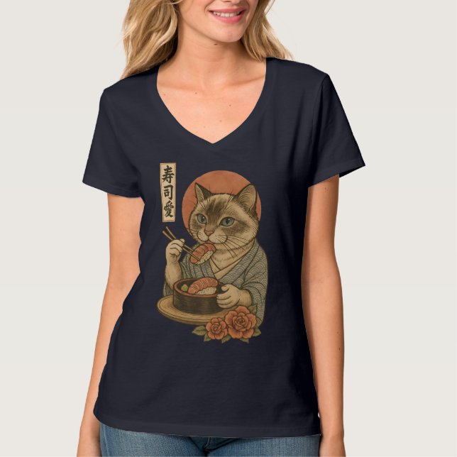 Sushi Cat – Elegant Japanese Style Cat Eating Sush T-Shirt (Front)