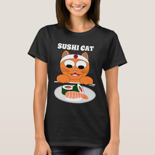 SUSHI CAT Ginger Kitty with Sushi Funny T_Shirt