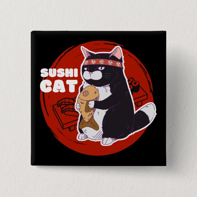 Sushi Cat, Samurai Cat Chonky Cat Button (Front)