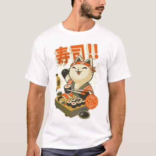 Sushi Chef Cat _ Funny Restaurant Kitty _ Japanese T_Shirt