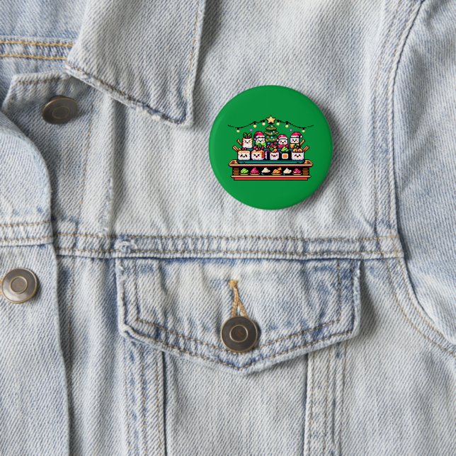 Sushi Christmas Celebration - Festive 8-Bit Design Button (In Situ)