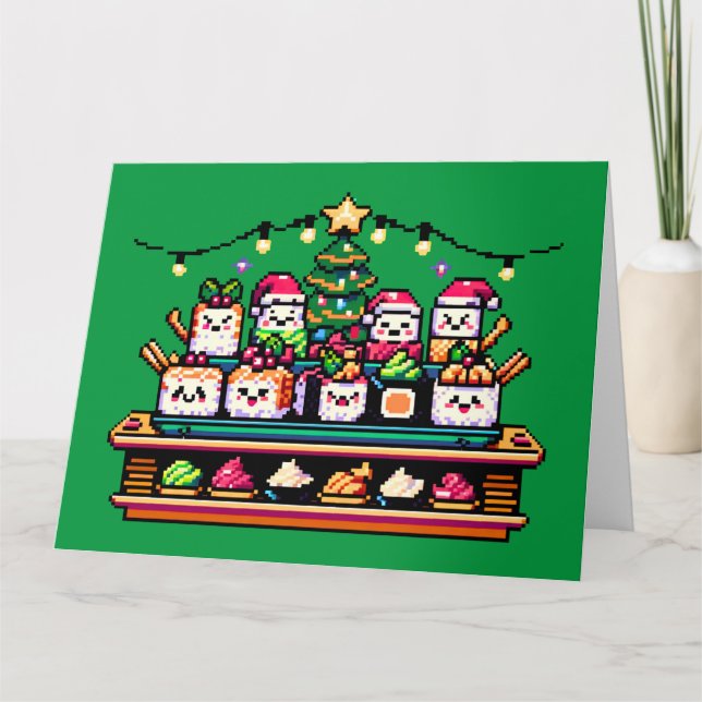 Sushi Christmas Celebration - Festive 8-Bit Design Card (Front)