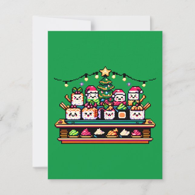 Sushi Christmas Celebration - Festive 8-Bit Design Holiday Card (Front)