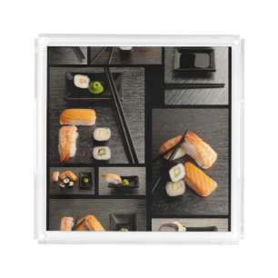 Sushi collection on black background acrylic tray